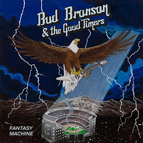 Album cover: eagle with guitar flies over a stadium, stormy sky.