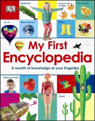"Children's encyclopedia cover with colorful images and 'My First Encyclopedia' title in red text."