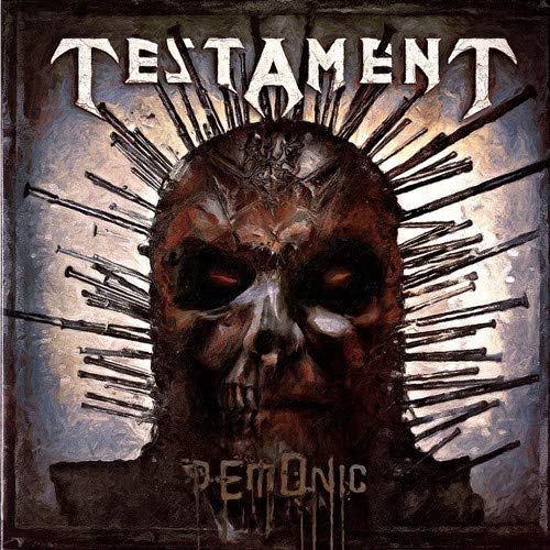 Album cover with skull, nails, and 'Testament' and 'Demonic' text.