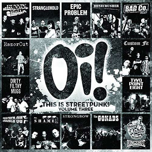 Vinyl album cover with collage of punk band photos and bold “Oi!” text.