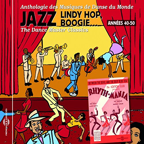 "CD cover featuring cartoon dancers and musicians on a stage with red curtains."