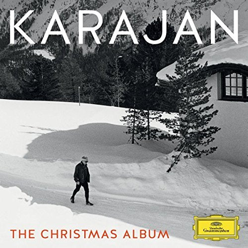 "Black and white snowy scene with man walking, 'KARAJAN' and 'THE CHRISTMAS ALBUM' text."