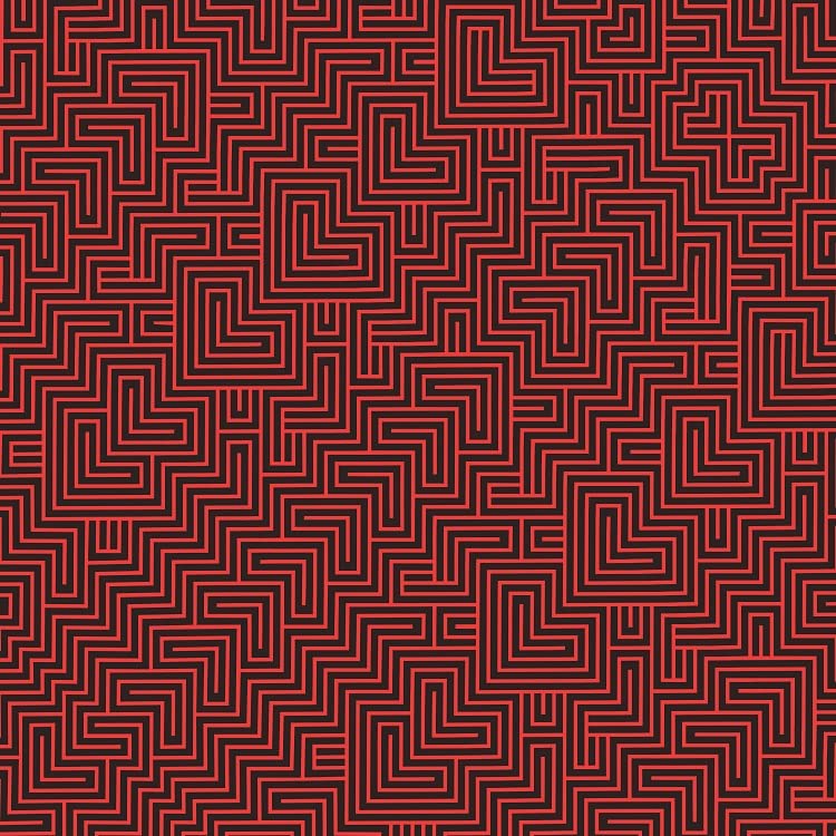 Red and black geometric maze pattern, album artwork detail.