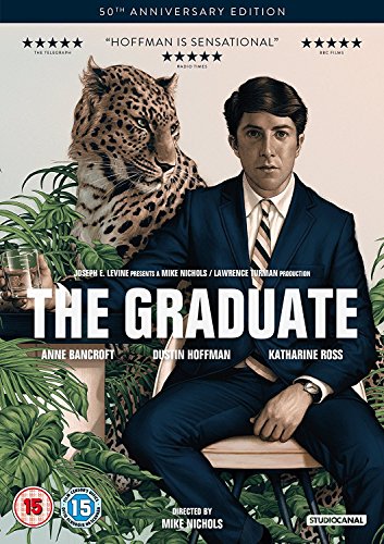 "DVD cover for 'The Graduate' featuring a man in a suit and a leopard."