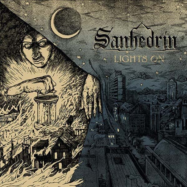 Sanhedrin "Lights On" vinyl album cover, illustrated cityscape and large hand.