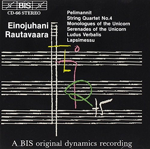 Black CD cover with white musical staff and colorful abstract shapes, displaying Einojuhani Rautavaara's name.