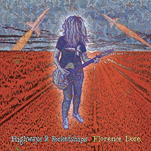 CD cover: woman with guitar, stylized rockets, and red textured background.