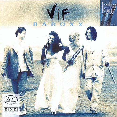 "CD cover featuring four musicians holding flutes, walking on a sandy surface."