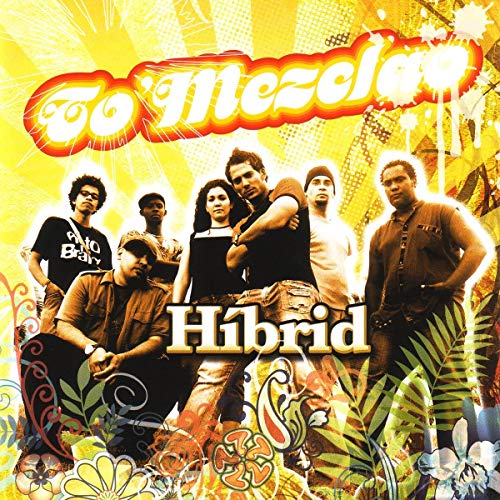 "Album cover with seven people posing against a bright yellow background with floral designs."