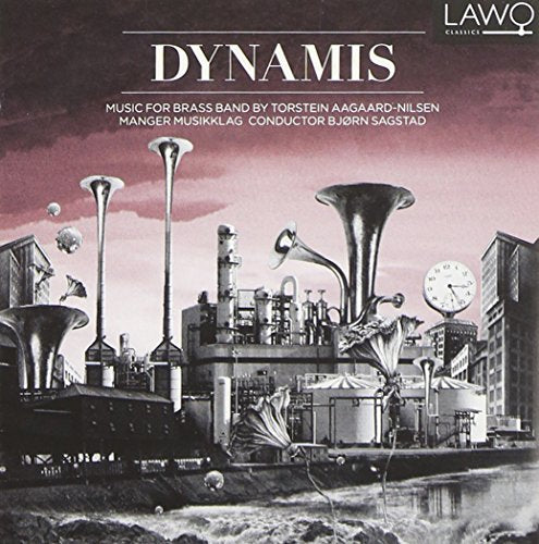 "Album cover with industrial scene and floating tubas against a pink sky."
