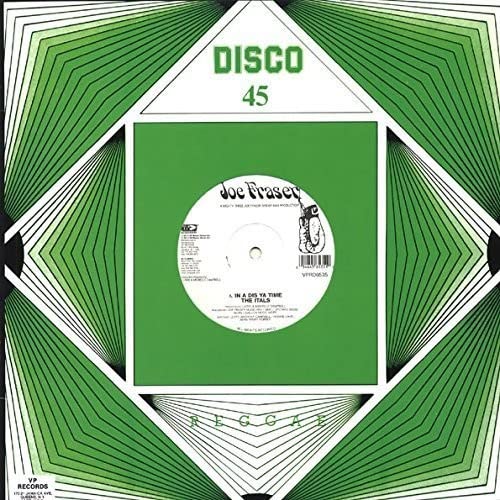 Vinyl record label with green and white geometric design, text, and barcode.