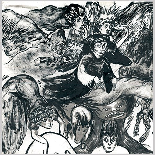 Black and white illustration of figures on horseback, dramatic and swirling.
