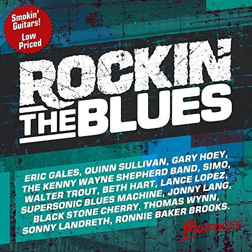 "CD cover with 'ROCKIN THE BLUES' title and artist list on a blue background."