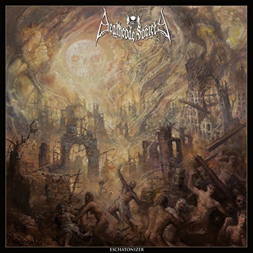 "Album cover art: chaotic, apocalyptic scene with nude figures and destroyed cityscape."