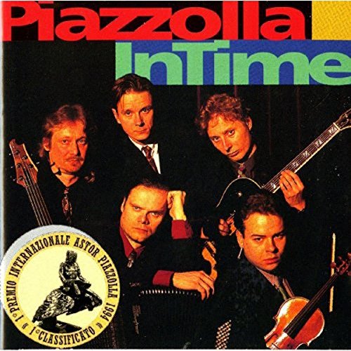 "Album cover with five men holding instruments, 'Piazzolla InTime' in red and green text."