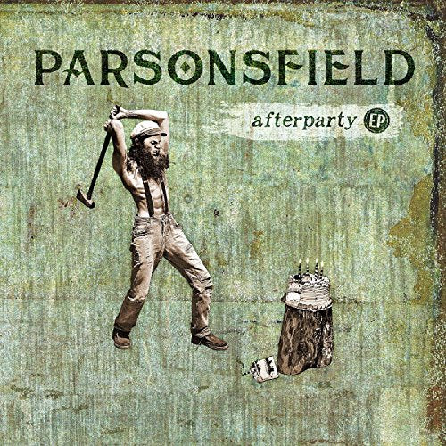 "CD cover with a man holding a pickaxe and a stump with a cake."