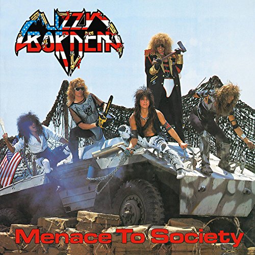 "Lizzy Borden album cover featuring band members on a camouflaged military vehicle."
