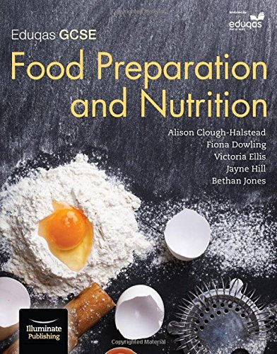 "Book cover with 'Food Preparation and Nutrition' title, eggs, and flour on a blackboard."