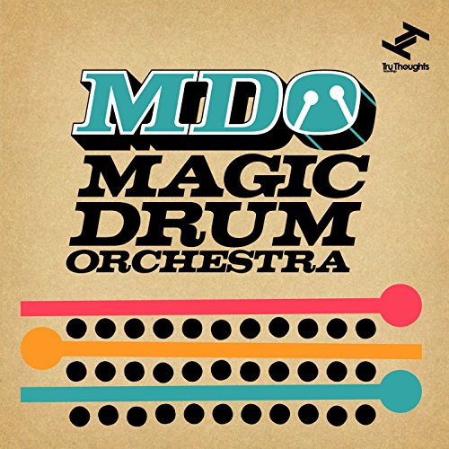 "Album cover with 'MDO' and 'Magic Drum Orchestra' text, colorful lines and dots on tan background."