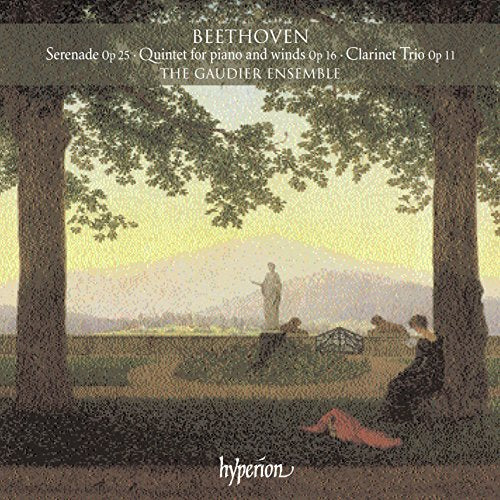 "Album cover featuring serene landscape painting with trees, figures, and distant mountains."