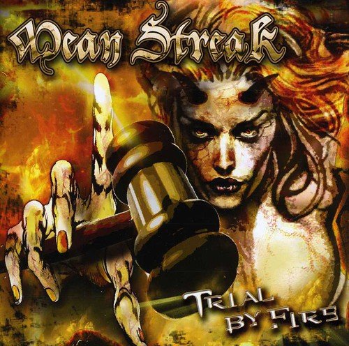 "Album cover art for 'Mean Streak - Trial By Fire' featuring a woman holding a gavel."