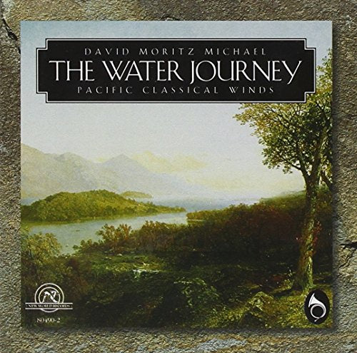 "Album cover with serene landscape painting and black title banner on textured background."
