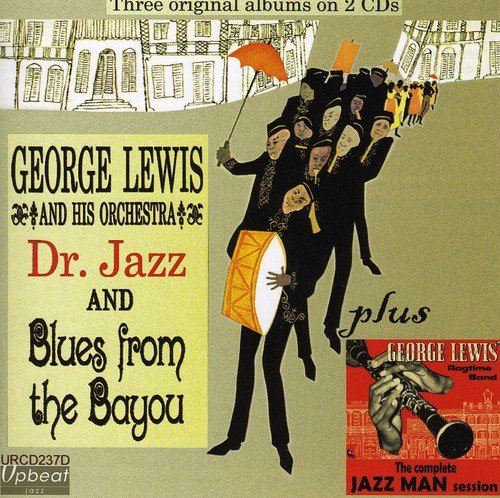 "CD cover art featuring jazz musicians in black, carrying a man with an umbrella."