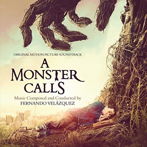 A boy lies by a tree as a giant hand reaches down, soundtrack cover art.