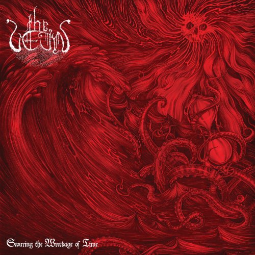 Red album cover with swirling tentacles, a skull, and an hourglass.