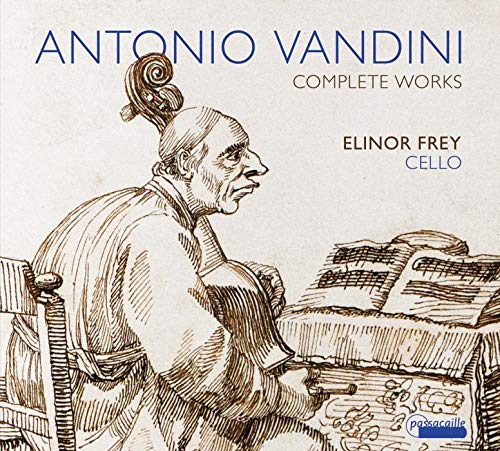"CD cover with sketch of man playing cello, titled 'Antonio Vandini Complete Works'."