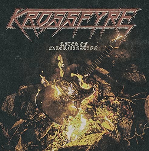 CD cover: burning guitar amidst rocks with band name and title.