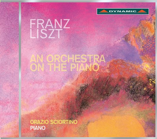 "Album cover with abstract, colorful design, featuring Franz Liszt's 'An Orchestra on the Piano'."