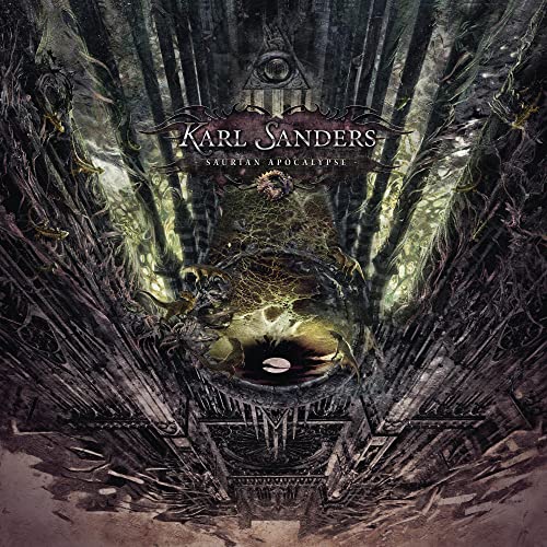 CD cover for Karl Sanders’ “Saurian Apocalypse” with reptilian and occult imagery.