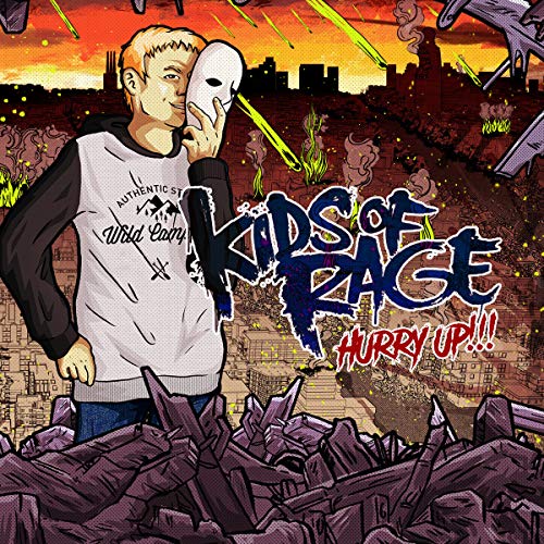 "Kids of Rage album cover featuring a man holding a white mask amidst destruction."