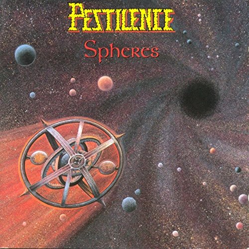 Album cover with 'Pestilence' and 'Spheres' text, featuring a metal symbol in outer space.