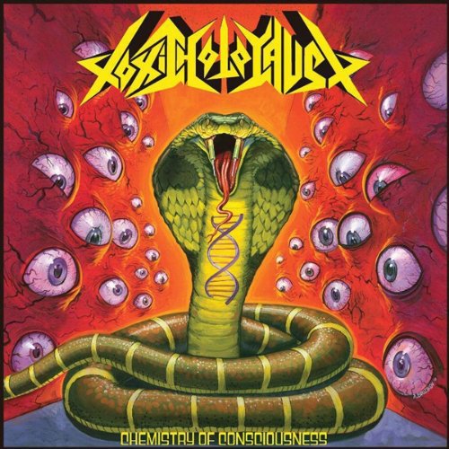 Album cover featuring a coiled snake with a DNA strand and multiple eyes around it.