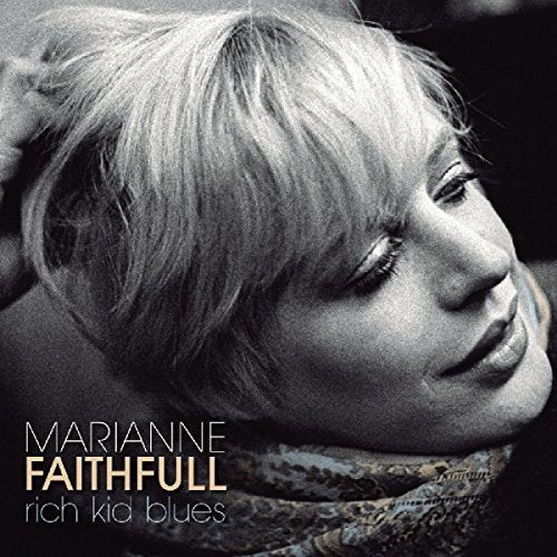 Black and white album cover featuring Marianne Faithfull with short hair and patterned scarf.