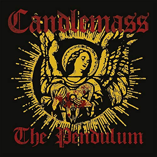 Black album cover with yellow angel illustration and red text "Candlemass The Pendulum".