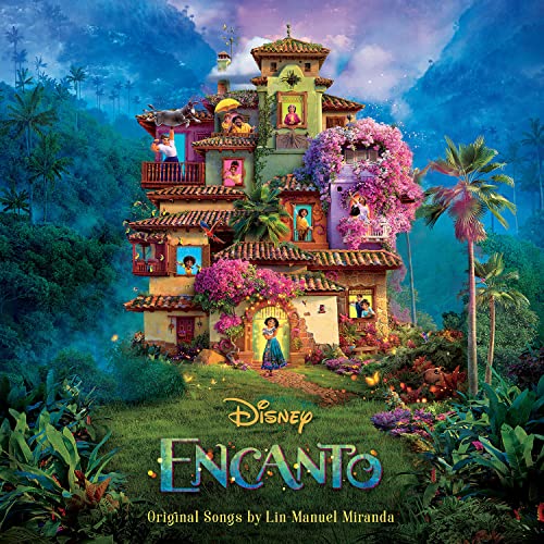 “Encanto” vinyl album cover featuring a colorful, multi-level house and characters.