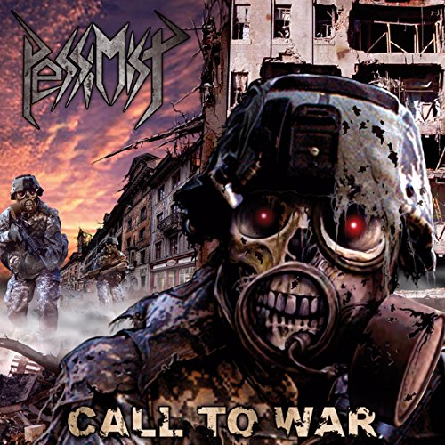 CD cover: skeletal soldier in gas mask amidst war-torn buildings.
