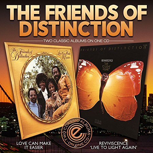 "CD cover featuring two album art images, 'Friends of Distinction', against a city skyline."