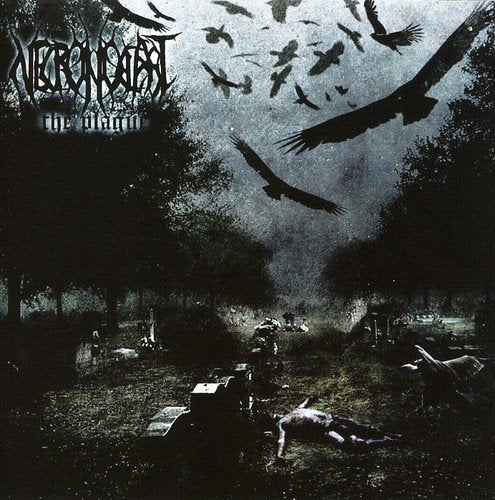 Dark album cover with crows, dead bodies, and trees in a desolate landscape.