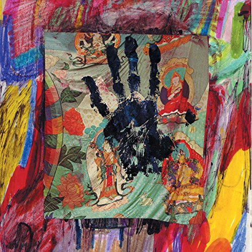 CD cover with a black handprint over colorful, patterned imagery.