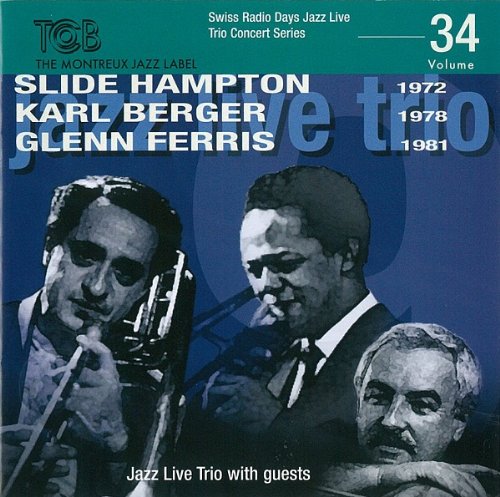 Jazz album cover with three men's portraits and white text on blue background.