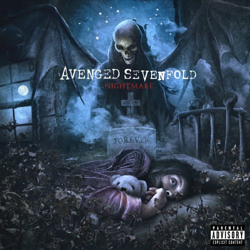 "Avenged Sevenfold Nightmare album cover featuring a grim reaper and a tombstone."