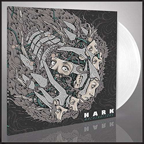 White vinyl record with cover art featuring multiple faces and "Hark - Machinations" text.