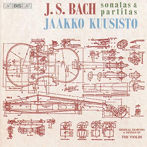 CD cover with violin diagrams and text "J.S. Bach" and "Jaakko Kuusisto".