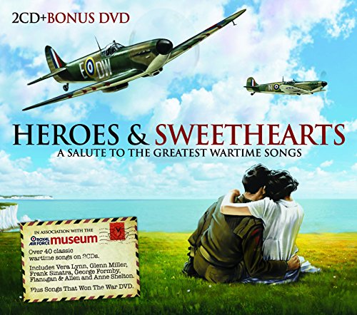 WWII airplane over a coastal scene with a couple embracing.