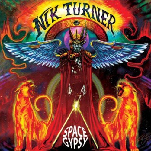 "Album cover art for 'Nik Turner - Space Gypsy' featuring a winged figure and lions."