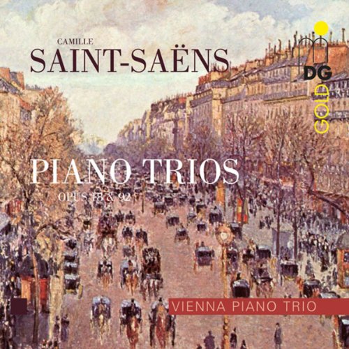 CD cover for Saint-Saëns’ Piano Trios, featuring a Parisian street scene.